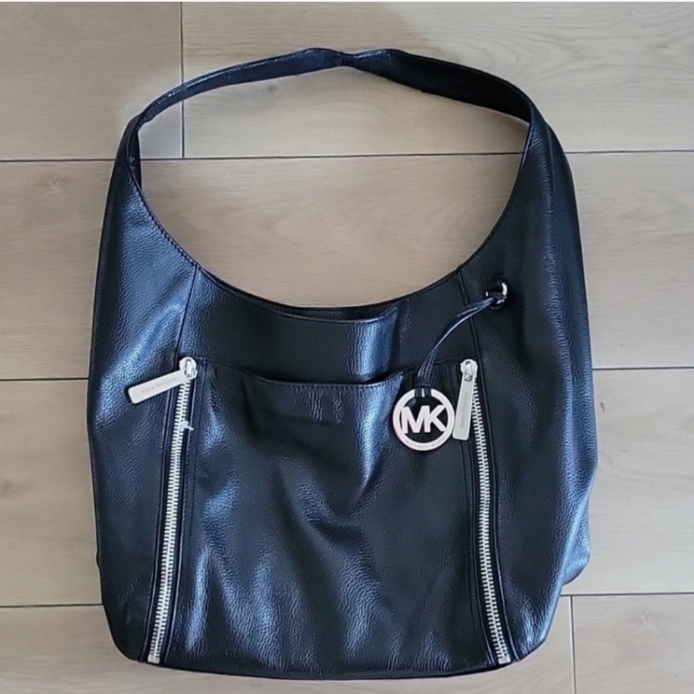 Michael Kors Black Leather Shoulder Bag with MK Charm